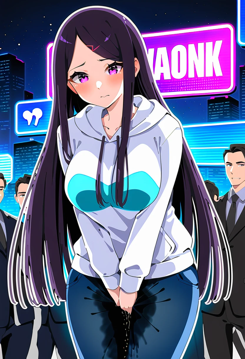 (masterpiece:1.37), best quality, (extremely detailed:1.37), woman, (mature:1.5), (adult:1.5), large breasts, very long hair, (straight hair:1.5), dark purple hair, purple eyes, (extremely detailed eyes:1.37), hoodie, jeans, desperation, (wetting self:1.5), standing, embarrassed, humiliation, blushing, angry, city, futuristic, neon lighting, high-tech, street