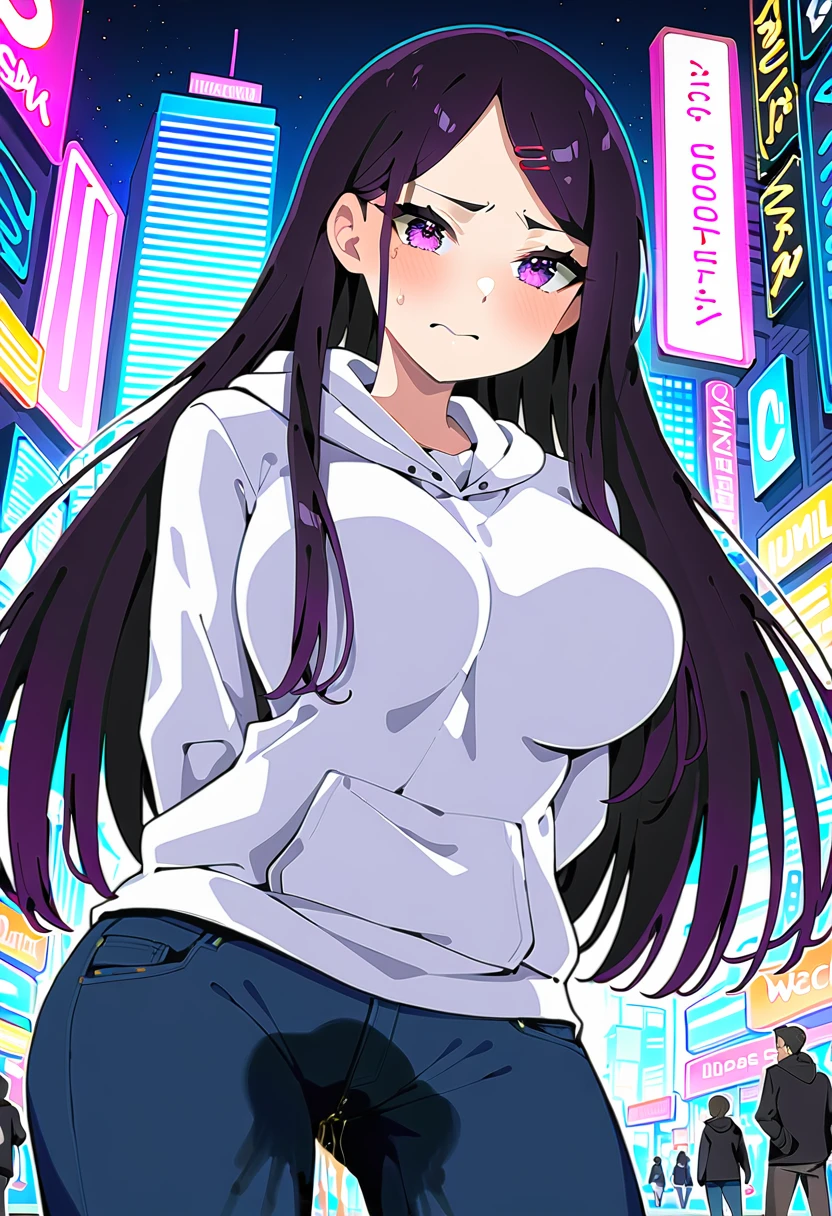 (masterpiece:1.37), best quality, (extremely detailed:1.37), woman, (mature:1.5), (adult:1.5), large breasts, very long hair, (straight hair:1.5), dark purple hair, purple eyes, (extremely detailed eyes:1.37), hoodie, jeans, desperation, (wetting self:1.5), standing, embarrassed, humiliation, blushing, angry, city, futuristic, neon lighting, high-tech, street