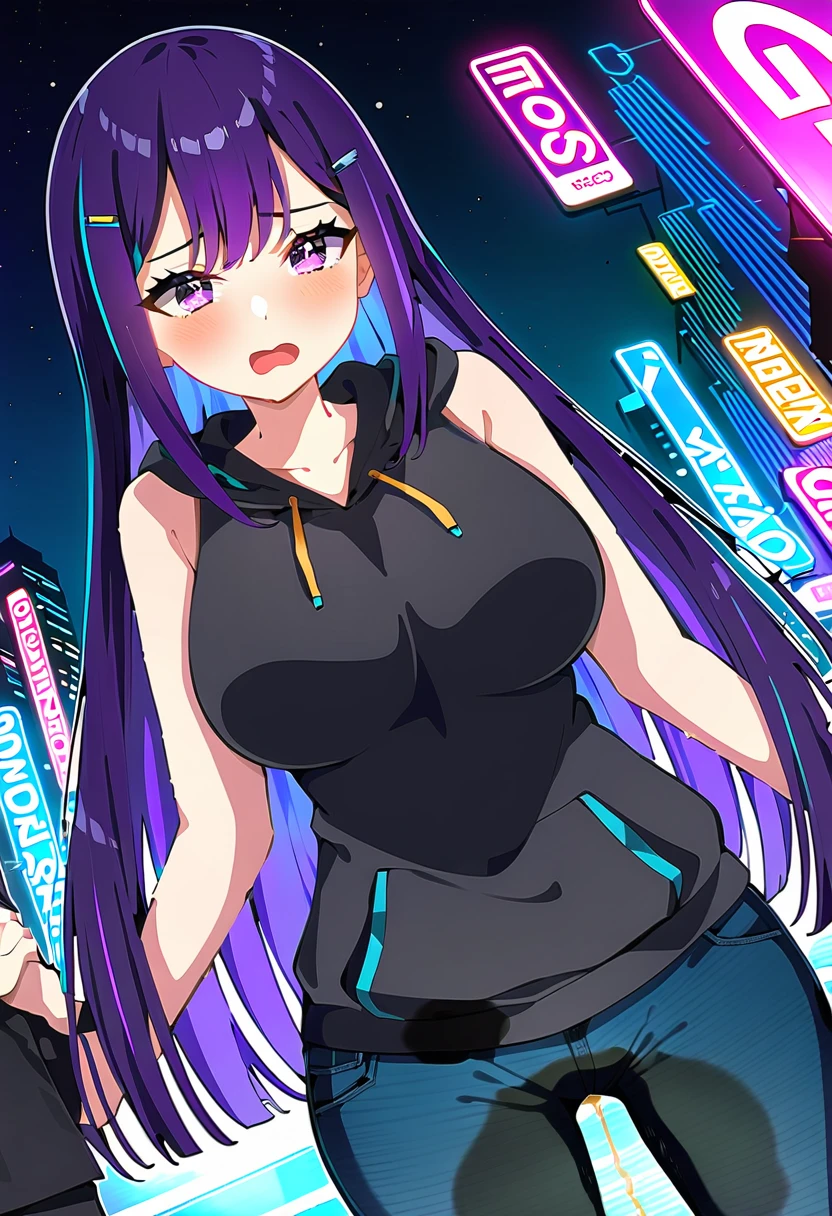 (masterpiece:1.37), best quality, (extremely detailed:1.37), woman, (mature:1.5), (adult:1.5), large breasts, very long hair, (straight hair:1.5), dark purple hair, purple eyes, (extremely detailed eyes:1.37), crop top, cleavage, navel, (groin:1.5), jeans, desperation, (wetting self:1.5), standing, embarrassed, humiliation, blushing, angry, city, futuristic, neon lighting, high-tech, street