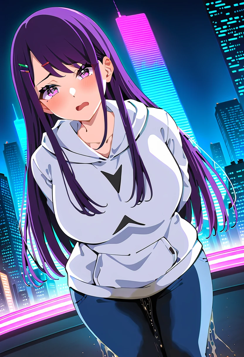 (masterpiece:1.37), best quality, (extremely detailed:1.37), woman, (mature:1.5), (adult:1.5), large breasts, very long hair, (straight hair:1.5), dark purple hair, purple eyes, (extremely detailed eyes:1.37), hoodie, jeans, desperation, (wetting self:1.5), standing, embarrassed, humiliation, blushing, angry, city, futuristic, neon lighting, high-tech, street