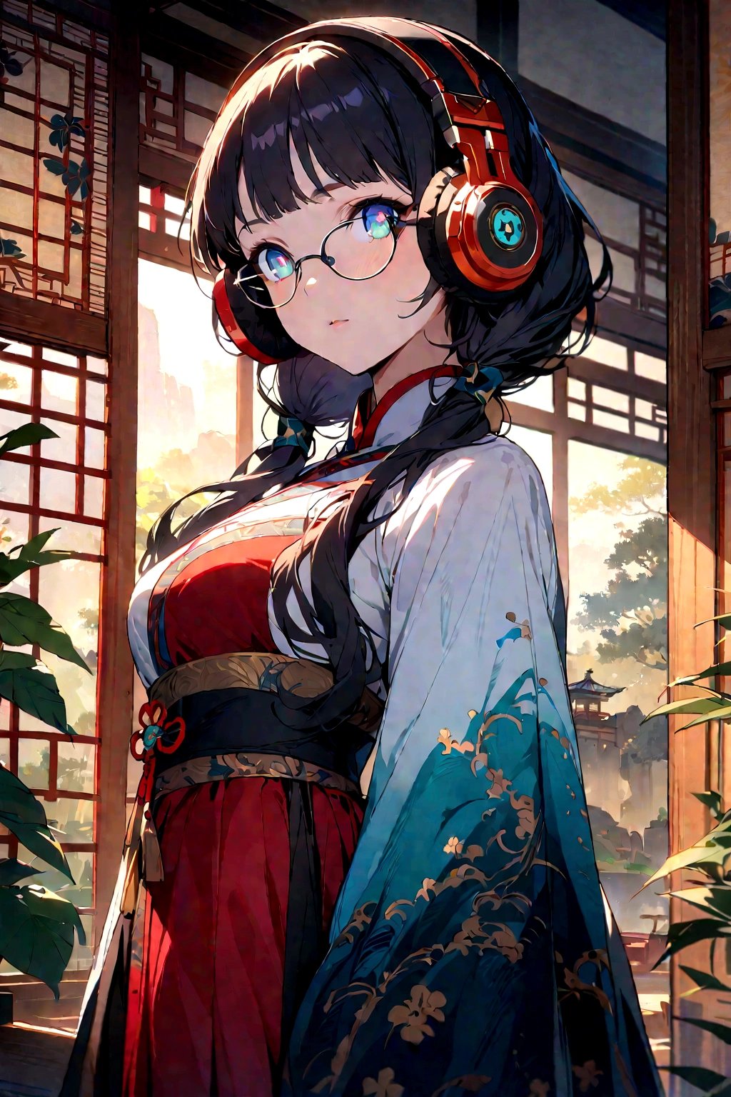 Best quality, masterwork, true-to-life, ultra-detailed, vibrant colors, intricate details, ((serene eyes)), vibrant eyes,  (((under-rimmed glasses:1.3))), (headphones:1.3),elegant solo woman in Chinese old clothes patterned with black flowers, art style inspired by Alphonse Mucha, regal posture with long trailing sleeves, traditional Chinese room interior with bamboo screens, warm natural lighting, at eye level, picturesque, masterpiece