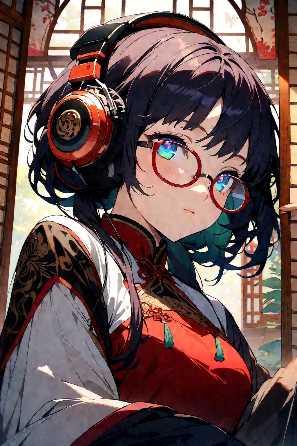 Best quality, masterwork, true-to-life, ultra-detailed, vibrant colors, intricate details, ((serene eyes)), vibrant eyes,  (((under-rimmed glasses:1.3))), (headphones:1.3),elegant solo woman in Chinese old clothes patterned with black flowers, art style inspired by Alphonse Mucha, regal posture with long trailing sleeves, traditional Chinese room interior with bamboo screens, warm natural lighting, at eye level, picturesque, masterpiece