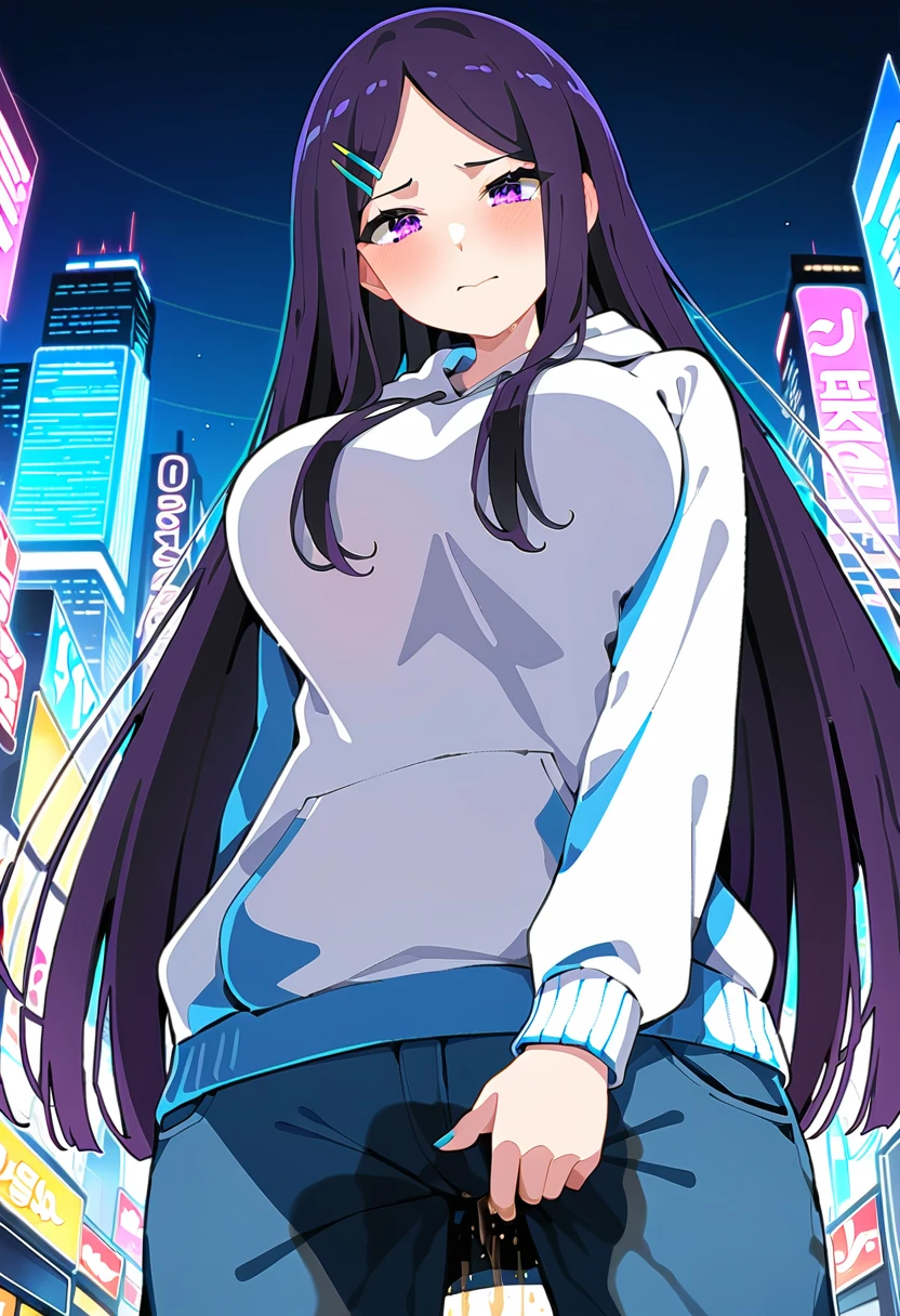 (masterpiece:1.37), best quality, (extremely detailed:1.37), woman, (mature:1.5), (adult:1.5), large breasts, very long hair, (straight hair:1.5), dark purple hair, purple eyes, (extremely detailed eyes:1.37), hoodie, jeans, desperation, (wetting self:1.5), standing, embarrassed, humiliation, blushing, angry, city, futuristic, neon lighting, high-tech, street