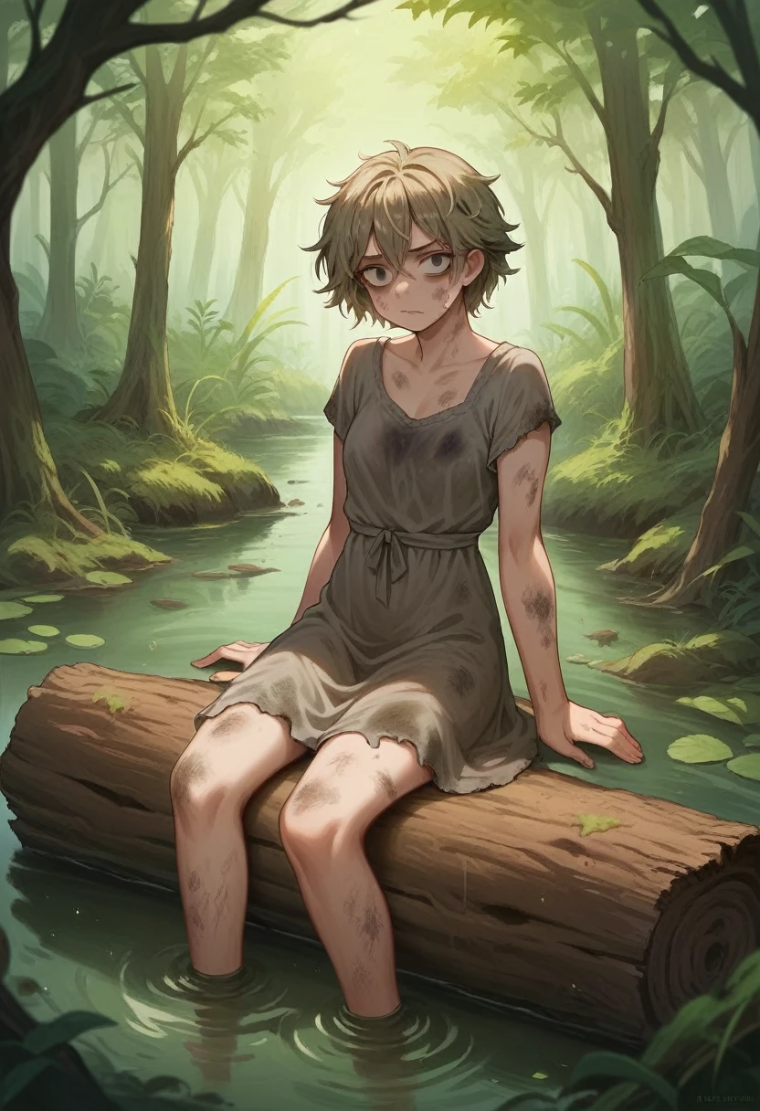 Illustration, detailed illustration, ultra detailed, masterwork, 1girl, 30 year old girl, dirty face, dirty blonde hair, dirty white nightgown, sitting on log, swamp, emotionless expression, mud on clothes, dirty