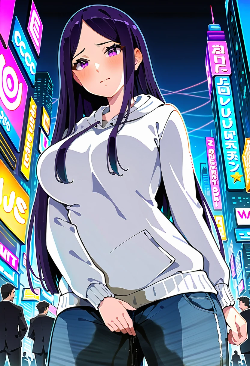 (masterpiece:1.37), best quality, (extremely detailed:1.37), woman, (mature:1.5), (adult:1.5), large breasts, very long hair, (straight hair:1.5), dark purple hair, purple eyes, (extremely detailed eyes:1.37), hoodie, jeans, desperation, (wetting self:2.0), standing, embarrassed, humiliation, blushing, angry, city, futuristic, neon lighting, high-tech, street