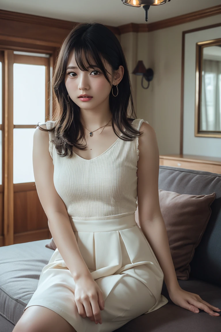 (Highest quality:1.4),(masterpiece:1.4),(Realistic:1.4),(Realistic:1.2),(超High resolution, RAW Photos:1.4),(High resolution, Ultra-detailed:1.2),(8K:1.2),View your viewers,Cinematic photography,One girl,skeletally correct,Black-haired woman,(Small earrings,necklace,A cream-colored dress that fits perfectly,Long flared skirt,View from the front),(Western-style building interior,Dimly lit room,The lamplight shines on my cheeks,Sit on the sofa)