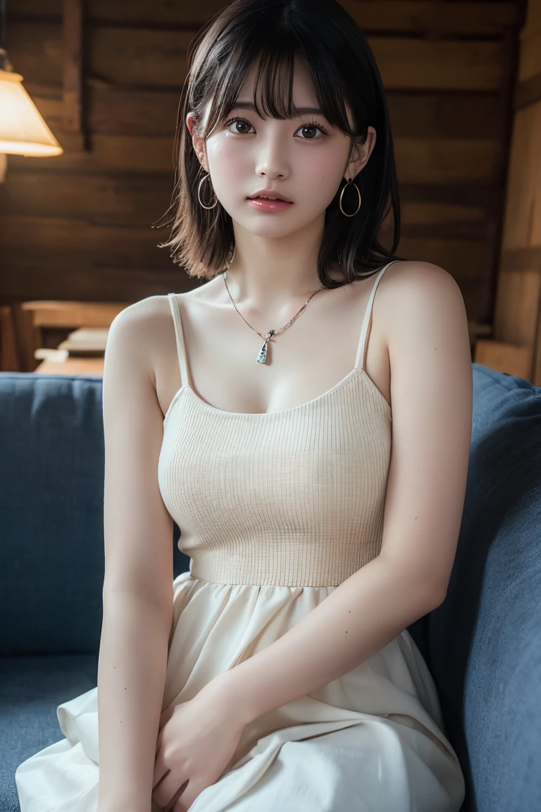 (Highest quality:1.4)，(masterpiece:1.4)，(Realistic:1.4)，(Realistic:1.2)，(超High resolution， RAW Photos:1.4)，(High resolution， Ultra-detailed:1.2)，(8K:1.2)，View your viewers，Cinematic photography，One girl，skeletally correct，Black-haired woman，(Small earrings，necklace，A cream-colored dress that fits perfectly，Long flared skirt，View from the front)，（Western-style building interior，Dimly lit room，The lamplight shines on my cheeks，Sit on the sofa）