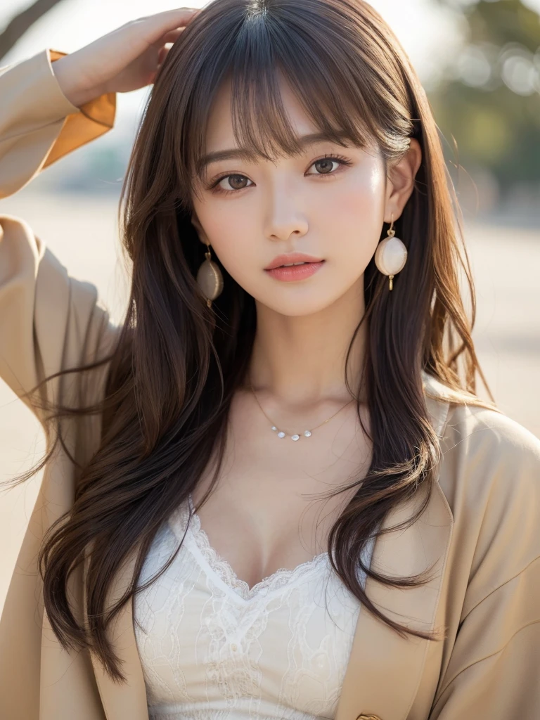((Highest quality, 8K, masterpiece:1.3)), concentrate: 1.2, Perfect body beauty: 1.4, Hips: 1.2, ((Long Hair, chest: 1.2)), (Dry clothes: 1.1) , (clear, Simple Background:1.3), Simple clothes: 1.1, Highly detailed face and skin texture,Delicate eyes, double eyelid, Whitened skin, Rough skin、Long Hair、Earrings with bangs、necklace、 solo、Beige coat、White shirt, (((Beautiful girl with cute Japan)))、 ((Beautiful Japanese girl 20 years old))、 ((Baby Face))、 (((Slender body)))、 Upper Body,Face focus、necklace,Simple Background,From above, Realistic Hair、 A photograph was taken:Canon EOS R6、135mm、1/1250 seconds、f2.8、ISO400、(Detailed explanation of the hand)、(Masseter muscle area)、(Exquisite CG)、Long Hair, loose and curly hair、Korean Hair、Long Hair明るいベージュ色、グラデーションハイライトグレージュのゆるふわLong Hairスタイル、