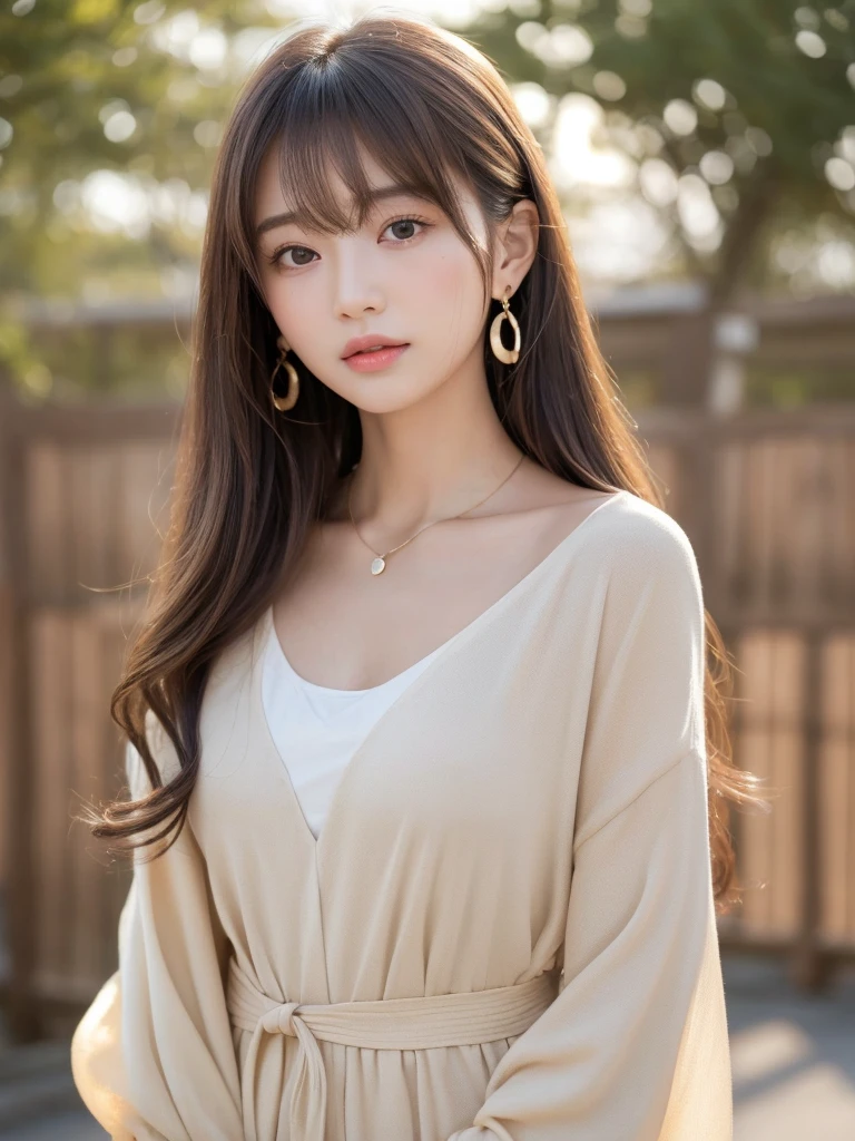 ((Highest quality, 8K, masterpiece:1.3)), concentrate: 1.2, Perfect body beauty: 1.4, Hips: 1.2, ((Long Hair, chest: 1.2)), (Dry clothes: 1.1) , (clear, Simple Background:1.3), Simple clothes: 1.1, Highly detailed face and skin texture,Delicate eyes, double eyelid, Whitened skin, Rough skin、Long Hair、Earrings with bangs、necklace、 solo、Beige coat、White shirt, (((Beautiful girl with cute Japan)))、 ((Beautiful Japanese girl 20 years old))、 (())、 (((Slender body)))、 Upper Body,Face focus、necklace,Simple Background,From above, Realistic Hair、 A photograph was taken:Canon EOS R6、135mm、1/1250 seconds、f2.8、ISO400、(Detailed explanation of the hand)、(Masseter muscle area)、(Exquisite CG)、Long Hair, loose and curly hair、Korean Hair、Long Hair明るいベージュ色、グラデーションハイライトグレージュのゆるふわLong Hairスタイル、