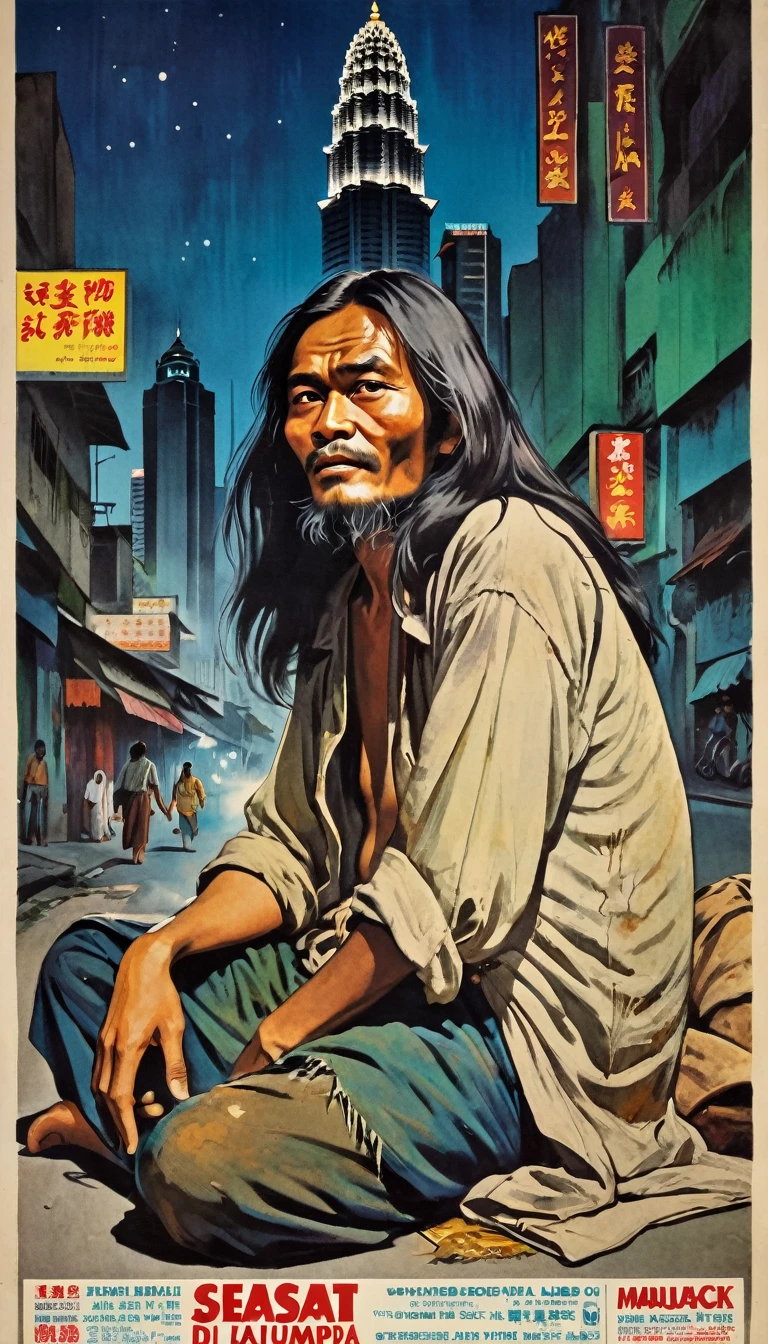 vintage film poster, illustration. Movie poster in 1970’s style. movie poster title “SESAT DI KUALA LUMPUR”. a Malay man, very long hair, homeless, wearing dirty clothes, torn, slubby. sitting on the street, hunchback on the city streets at night.