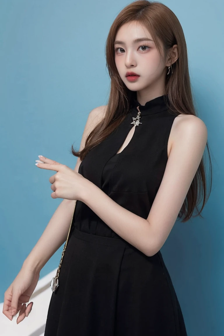 21yo girl, dress, blue background