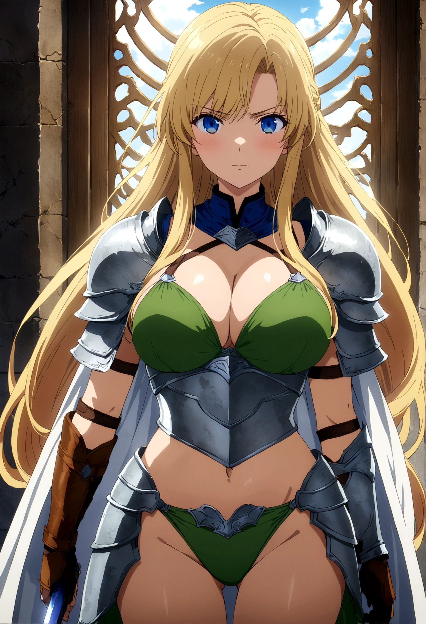 score_9, score_8_up, score_7_up,,BREAK source_anime, from side,front view,standing,straight-on,medium shot,looking_at_viewer,1girl, celes chere, final fantasy.blonde hair, blue eyes, green bikini, armor.large breasts,cleavage, white cape, vambraces,bracer,  very long hair, bangs, closed mouth,.tundere,, (best quality),(aesthetic,very aesthetic),masterpiece, highres, (anime screenshot:0.5),holding sword,