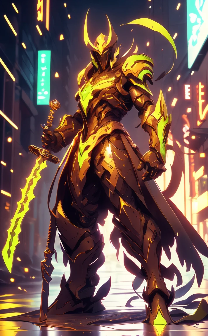 arafed image of a robot with a sword in a city, from arknights, guilty gear strive splash art, gold paladin, style of duelyst, epic paladin armor, arknights, ares with heavy armor and sword, cool mecha style, krenz cushart and wenjun lin, 8k hd wallpaperjpeg artifact neon purple 