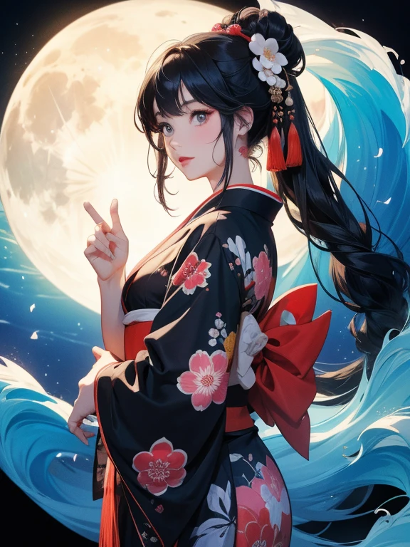 (Highest quality、masterpiece、High resolution、8K)、Ukiyo-e、Vibrant colors、Katsushika Hokusai、1 female、Black hair Japanese topknot、The kimono has a vivid floral pattern on a white background.、White waves and Mt. Fuji、White waves, the moon and a woman、White waves and seagulls、Official Art、背景はUkiyo-e風