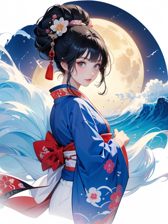 (Highest quality、masterpiece、High resolution、8K)、Ukiyo-e、Vibrant colors、Katsushika Hokusai、1 female、Black hair Japanese topknot、The kimono has a vivid floral pattern on a white background.、White waves and Mt. Fuji、White waves, the moon and a woman、White waves and seagulls、Official Art、背景はUkiyo-e風