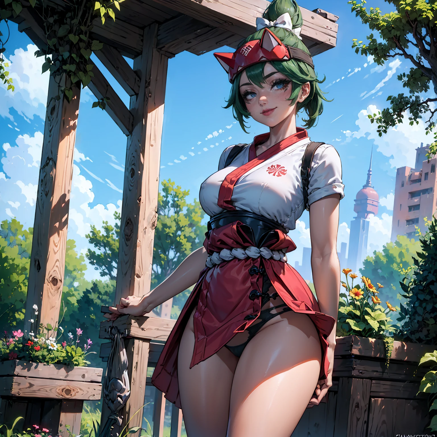 kiriko, ((green hair, ponytail, glowing blue eyes, lipstick, makeup, narrow waist, skinny, medium breasts, alone)), pelvic curtain, ((white panties, white top cropped, red skirt)), full body, perfect body, (insanely detailed, beautiful detailed face, masterpiece, best quality) , (((solo))), (((1girl))), (((mature))), (extremely detailed 8k paper CG wall unit: 1.1), (florest, garden, dusk), (smile face for the viewer), standing, hips, skirt lift, from bellow
