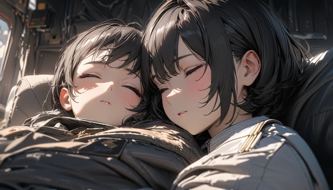 One Woman, , Ultra-high resolution, 超detailed, Highest quality, 8K,((Highest quality)), ((masterpiece)), (detailed),Face direction(front),Japanese face,sleeping face,Hair Color(Black Hair),Hairstyle(short hair),Lieutenant colonel student