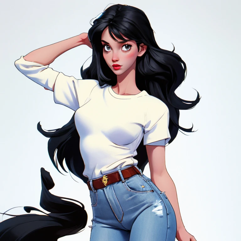 Beautiful woman , posing gracefully for a photo, white  shirt, Attractive  woman, voluptuous body, inverted triangle body style, Waist slender, jeans, cartoon-like, charming woman, black hair, white image background