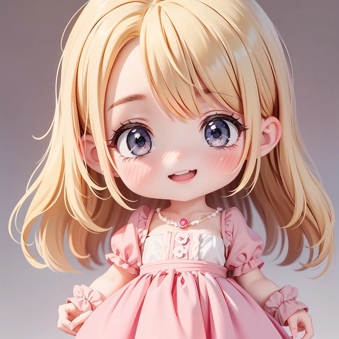 Super Chibi Character:1.8、Wearing cute shoes、background:simple、Blonde Hair、Cute 7 year old girl、pink cinderella dress、A big smile:1.5、I'm overjoyed:1.8