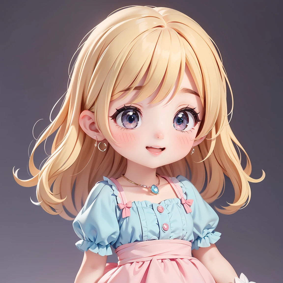 Super Chibi Character:1.8、Wearing cute shoes、background:simple、Blonde Hair、Cute 7 year old girl、pink cinderella dress、A big smile:1.5、I'm overjoyed:1.8