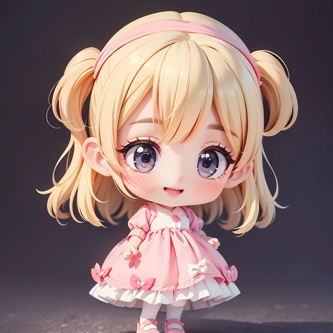  Super Chibi Character：1.8、Wearing cute shoes、background：simple、Blonde Hair、Cute 7  girl、pink cinderella dress、A big smile：1.5、I'm overjoyed：1.8