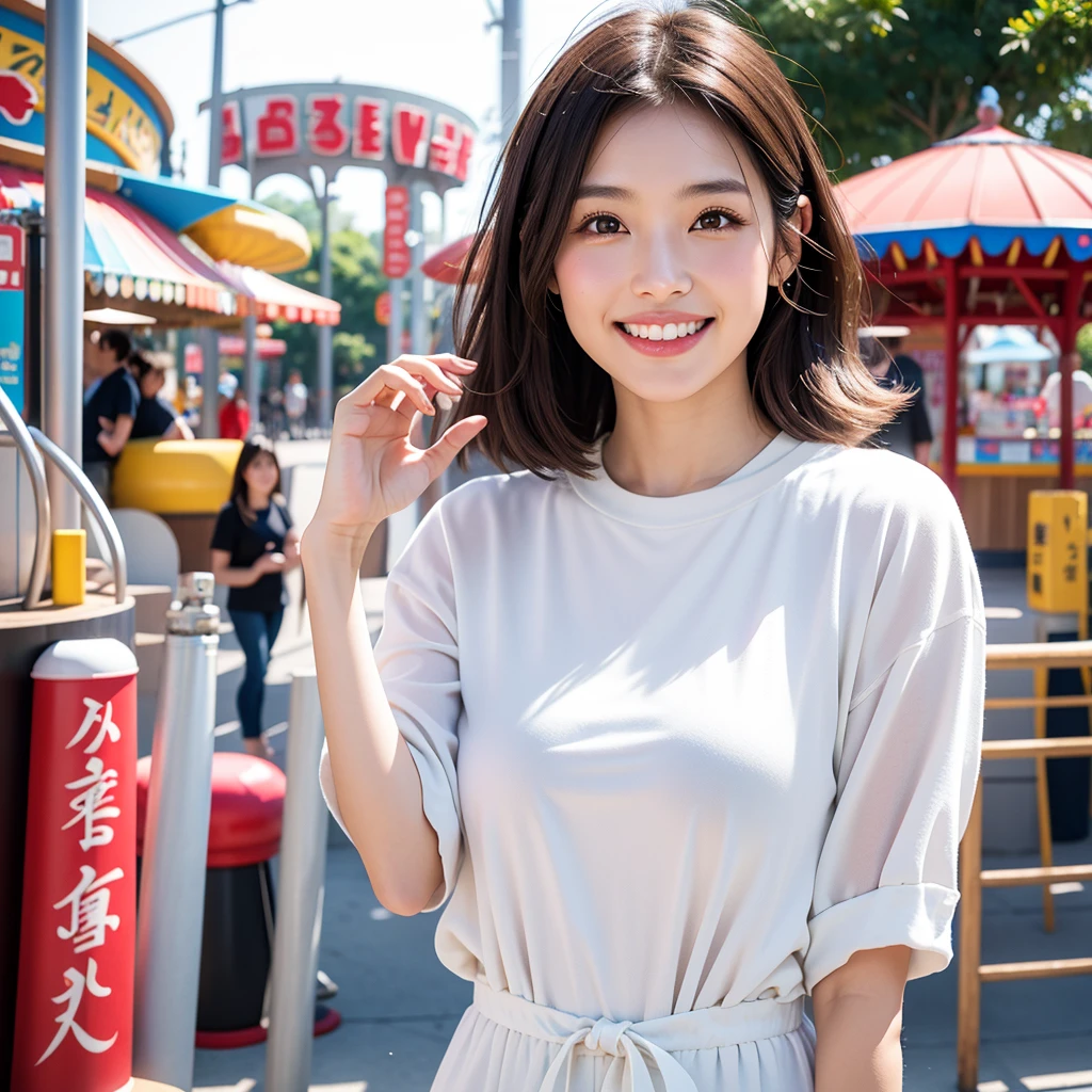 Highest quality,a girl, one girl,solo focus,4K,8K,Realistic,Japanese women,一人のJapanese women,26 years old,Clear,kind,Beautiful eyes,smile,smaile,teeth,short brown hair,Large Breasts,healthy,positive,Very detailed,Casual Style,The background is an amusement park