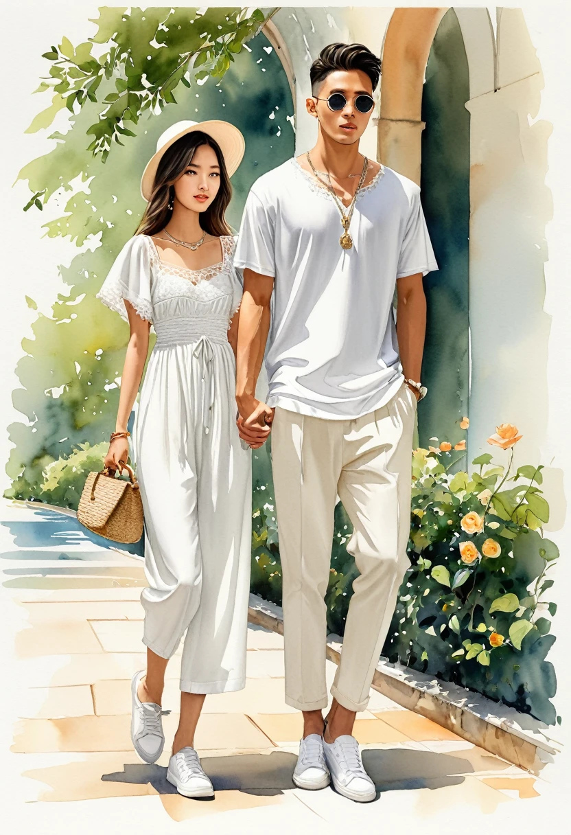 candid fashion illustration of young Asian man and woman, both aged 20 year old, ((showcase fashion look book in a White rayon outfits)), inspired by rose garden, in elegant young and chic bohemian style. The man wears an oversized short-sleeved white shirt with a minimal lace details, paired with relaxed-fit white Sports pants with Drawstring, He completes his look with white sneakers and round glasses. The woman complements him in a white dress in cotton woven fabric, lace neckline, Smocked details to creating gathers effect, Her ensemble includes an accessorizes with a brimmed straw bag, pom-pom necklace and white sneakers. Captured in a low angle, ((full-body image)), ((light water color background)), sketching, realistic drawing, ((imperfect water color drawing)), fashion look book, fashion illustrator, sketch design, Jacquemus, Chiangmai,