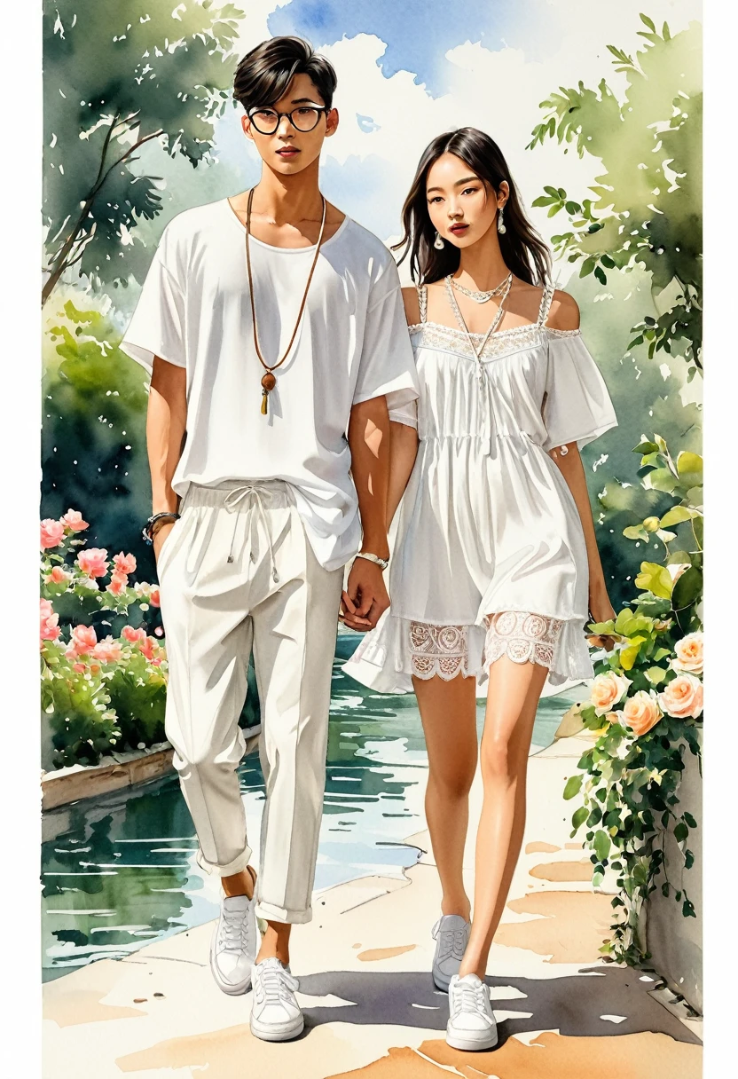candid fashion illustration of young Asian man and woman, both aged 20 year old, ((showcase fashion look book in a White rayon outfits)), inspired by rose garden, in elegant young and chic bohemian style. The man wears an oversized short-sleeved white shirt with a minimal lace details, paired with relaxed-fit white Sports pants with Drawstring, He completes his look with white sneakers and round glasses. The woman complements him in a white dress in cotton woven fabric, lace neckline, Smocked details to creating gathers effect, Her ensemble includes an accessorizes with a brimmed straw bag, pom-pom necklace and white sneakers. Captured in a low angle, ((full-body image)), ((light water color background)), sketching, realistic drawing, ((imperfect water color drawing)), fashion look book, fashion illustrator, sketch design, Jacquemus, Chiangmai,