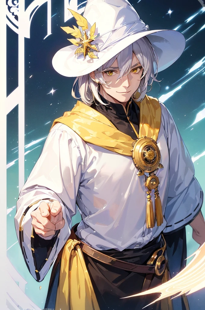 (masterpiece; best quality: 1.2), (finely detailed eyes: 1.3), ((70 year old man)), ((solo)), (yellow eyes: 1.4), (body; lean, old, masculine: 1.3), (long white hair: 1.3), (beautiful and clear background: 1.2), ((depth of field)), (equipment: mage robes + pointed hat: 1.3), (anime illustration: 1.2), (background composition; palace garden exterior: 1.1), (extremely fine and handsome: 1.1), (shot composition; standing + centered on torso + close-up: 1.5), (expression; calm, smile: 1.2)