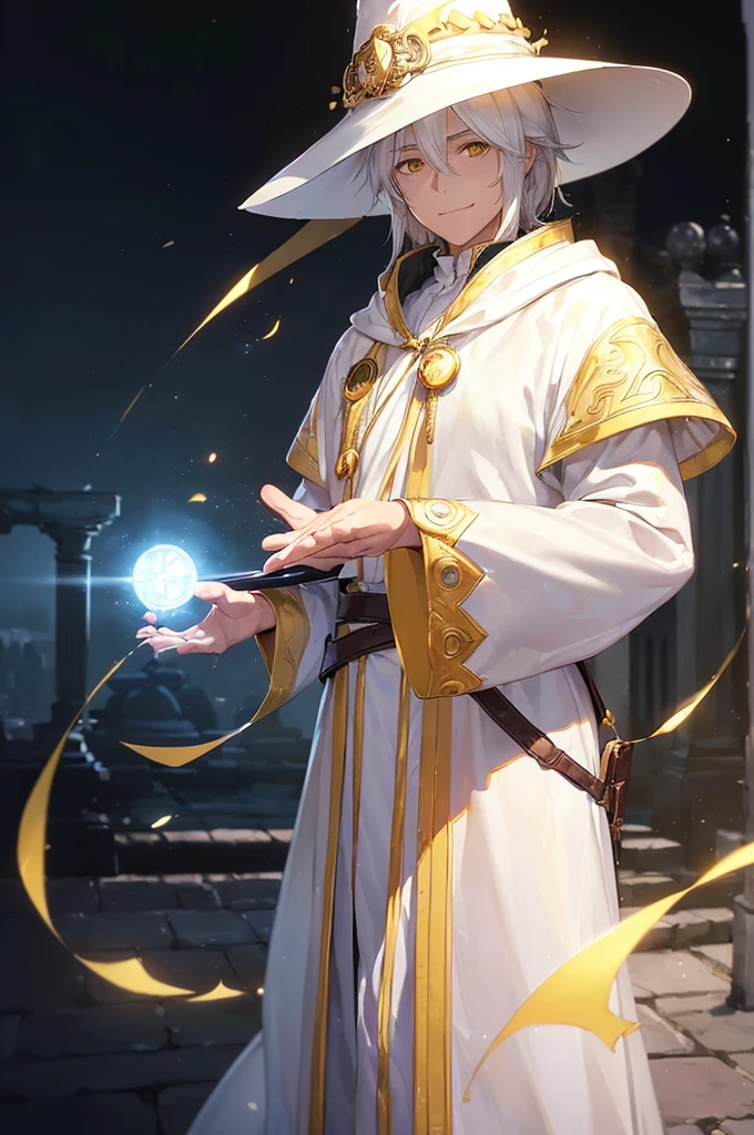 (masterpiece; best quality: 1.2), (finely detailed eyes: 1.3), ((70 year old man)), ((solo)), (yellow eyes: 1.4), (body; lean, old, masculine: 1.3), (long white hair: 1.3), (beautiful and clear background: 1.2), ((depth of field)), (equipment: mage robes + pointed hat: 1.3), (anime illustration: 1.2), (background composition; palace garden exterior: 1.1), (extremely fine and handsome: 1.1), (shot composition; standing + centered on torso + close-up: 1.5), (expression; calm, smile: 1.2)