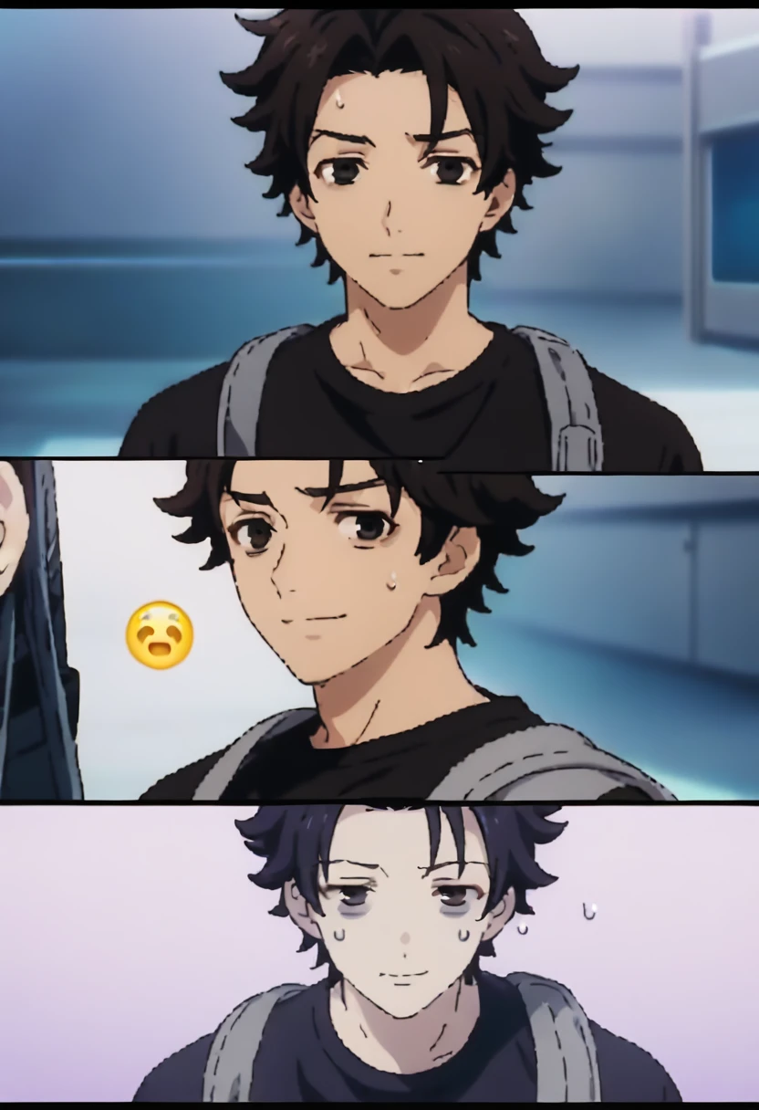 Prompt: 独奏, 1boy handsome, (anime screencap), short messy black hair, looking_at_viewer, simple_background, upper_body, ((///Twitch emoji icon)\\\)), bored weak smile, light sweating, (black bags under eyes), half closed redish black eyes, sleepy-look, {{black tank top shirt, Upper body}}, anime styles, (gym background background), {{Sharp lines, High Quality Animation}},{{masterpiece, best quality, expressive eyes, perfect face, perfect fingers,}}}} a
