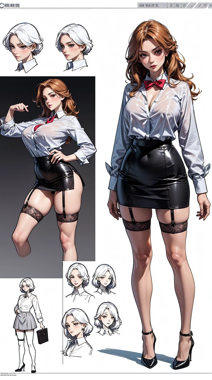 girl, alone, whole body, From head to toe, Are standing, (Huge_chest:1.3),
Character design sheet, Character Reference Sheet, 設計図のSchematic, Drafting, Blueprint, Schematic,
((Character design sheet:1.7, Character Reference Sheet:1.7,)),
anime/cartoon character wearing a girls , 1girl, alone, ,Mature Woman,chestの谷間,Long sleeve,Collared shirt,White shirt,,(Tight Skirt),((garter belt)),(High heels),Skirt Suit,mini skirt,office lady,Long Hair, bow, , (Very short skirt:1.4), (lingerie:1.5),
