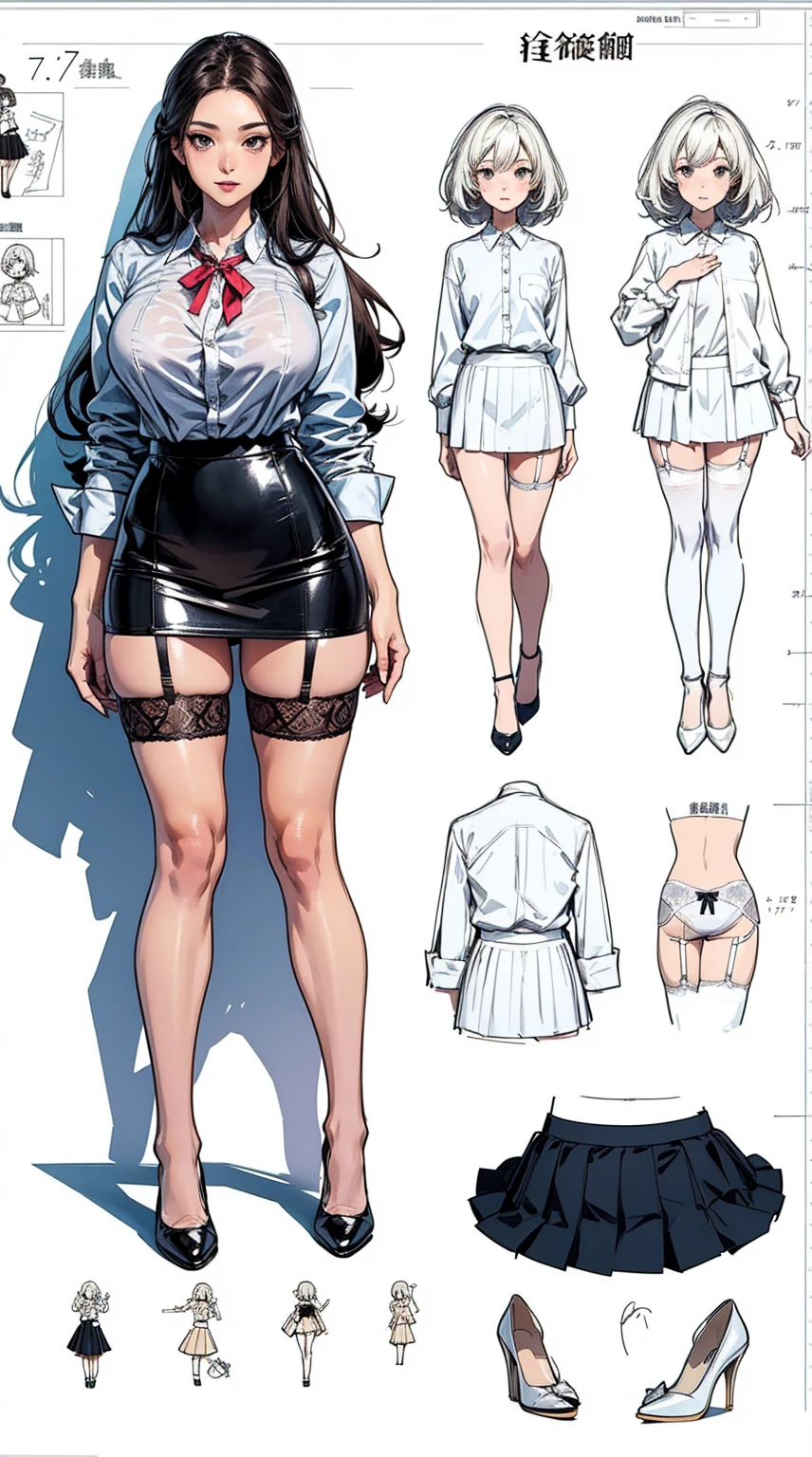 girl, alone, whole body, From head to toe, Are standing, (Huge_chest:1.3),
Character design sheet, Character Reference Sheet, 設計図のSchematic, Drafting, Blueprint, Schematic,
((Character design sheet:1.7, Character Reference Sheet:1.7,)),
anime/cartoon character wearing a girls , 1girl, alone, ,Mature Woman,chestの谷間,Long sleeve,Collared shirt,White shirt,,(Tight Skirt),((garter belt)),(High heels),Skirt Suit,mini skirt,office lady,Long Hair, bow, , (Very short skirt:1.4), (lingerie:1.5),