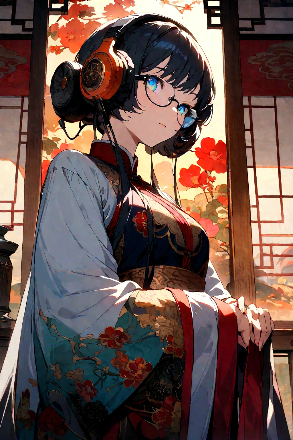Best quality, masterwork, true-to-life, ultra-detailed, vibrant colors, intricate details, ((serene eyes)), vibrant eyes, (((under-rimmed glasses:1.3))), (headphones:1.3),elegant solo woman in Chinese old clothes patterned with black flowers, art style inspired by Alphonse Mucha, regal posture with long trailing sleeves, traditional Chinese room interior with bamboo screens, warm natural lighting, at eye level, picturesque, masterpiece