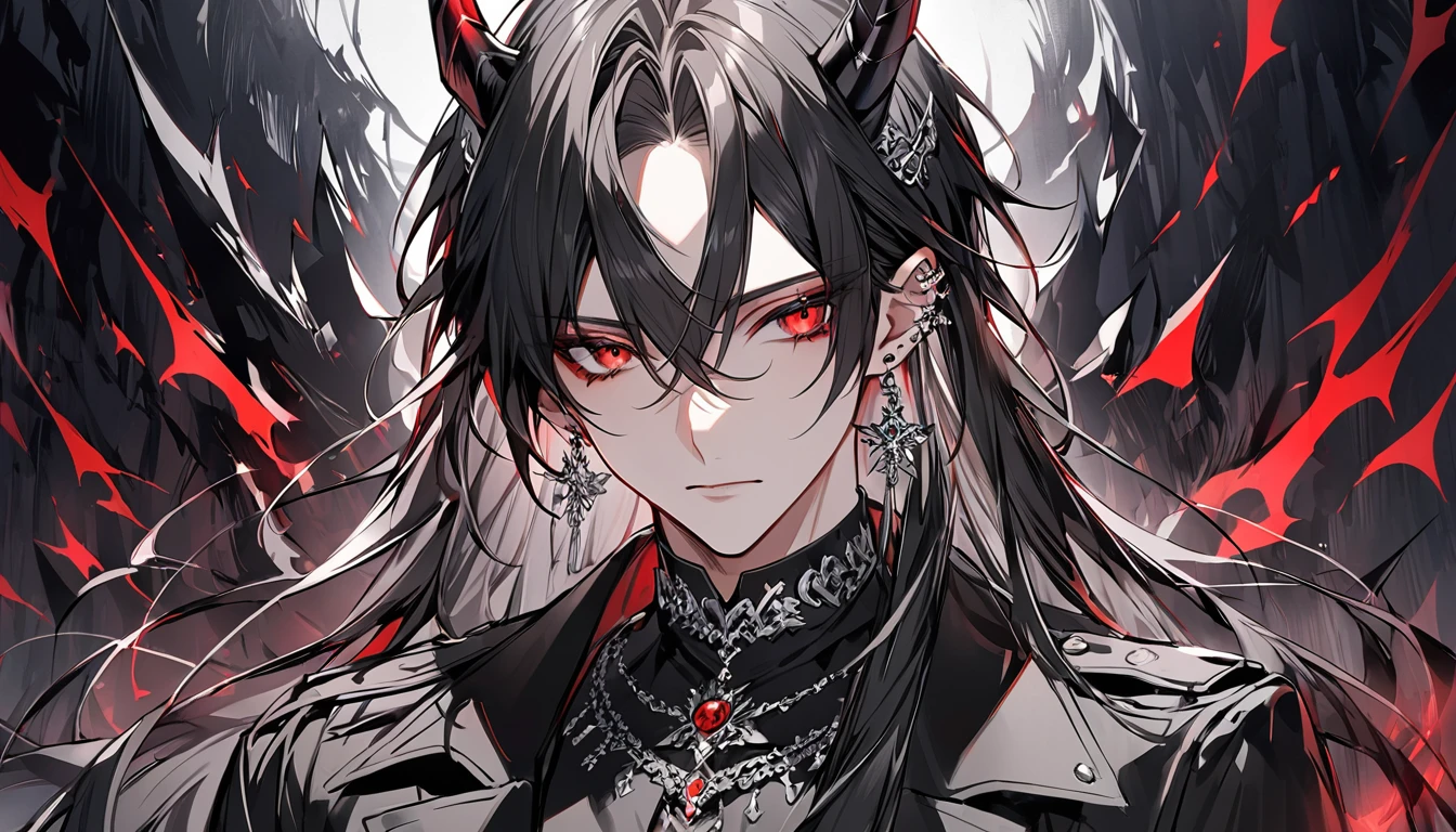alone, good looking, 1 male, Long hair, Middle parted hair, Black hair, Red eyes, Black shirt, White Thailand, Black Trench Coat, Royal Silver Jewellery, Royal Demon Earrings, Black horns, Front Facing, Vtuber Front Facing Camera