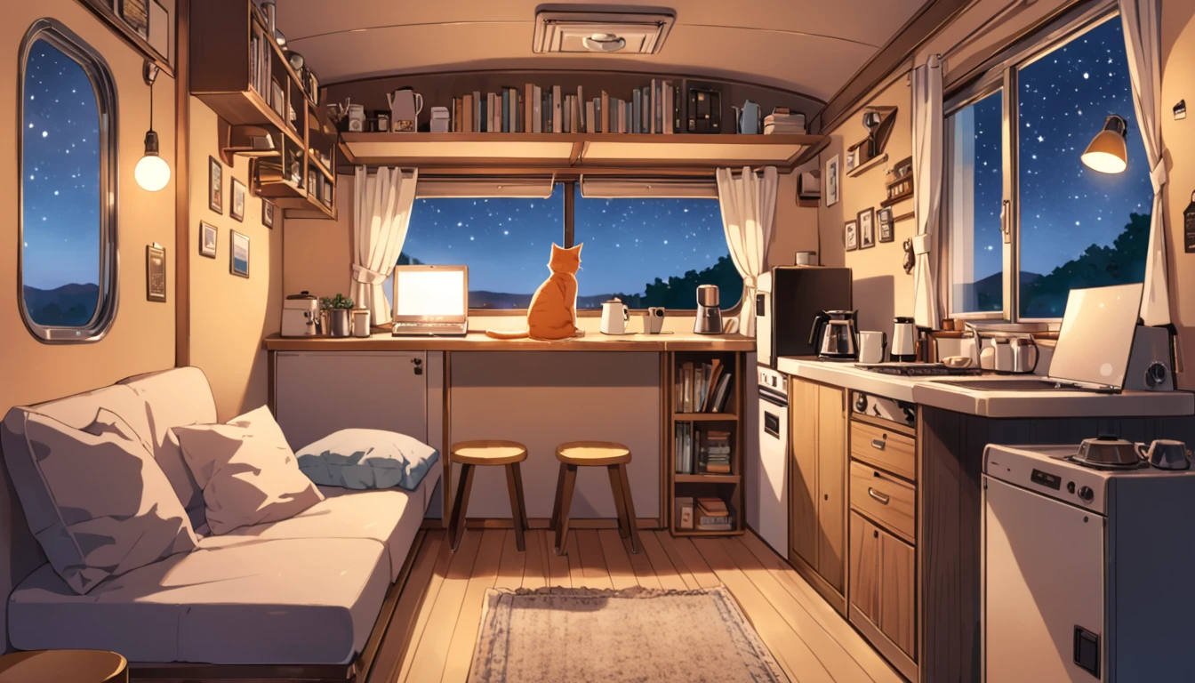 The interior of the camper van exudes a unique atmosphere that blends Lofi and ghibli styles. The design is both comfortable and exquisite, featuring a single bed near a large window. A cute, lazy cat lies on the bed, gazing out at the night sky, evoking a sense of tranquility. Beside the bed is a table with a cup of coffee and a laptop on it. A cozy little sofa is next to the table, perfect for resting or working.The decor is simple yet warm, with various shelves and storage spaces thoughtfully arranged. Books, photo frames, and small decorations are scattered on the shelves, adding a lived-in feel. Several warm lights softly illuminate the entire space, creating a peaceful and cozy atmosphere.The floor is covered with a soft carpet, adding a touch of home. Though the kitchen area is small, it is fully functional with a sink, gas stove, and storage cabinets. On the table sits a coffee maker and a few bags of hand-crafted coffee beans, allowing her to enjoy a fragrant cup of coffee anytime.