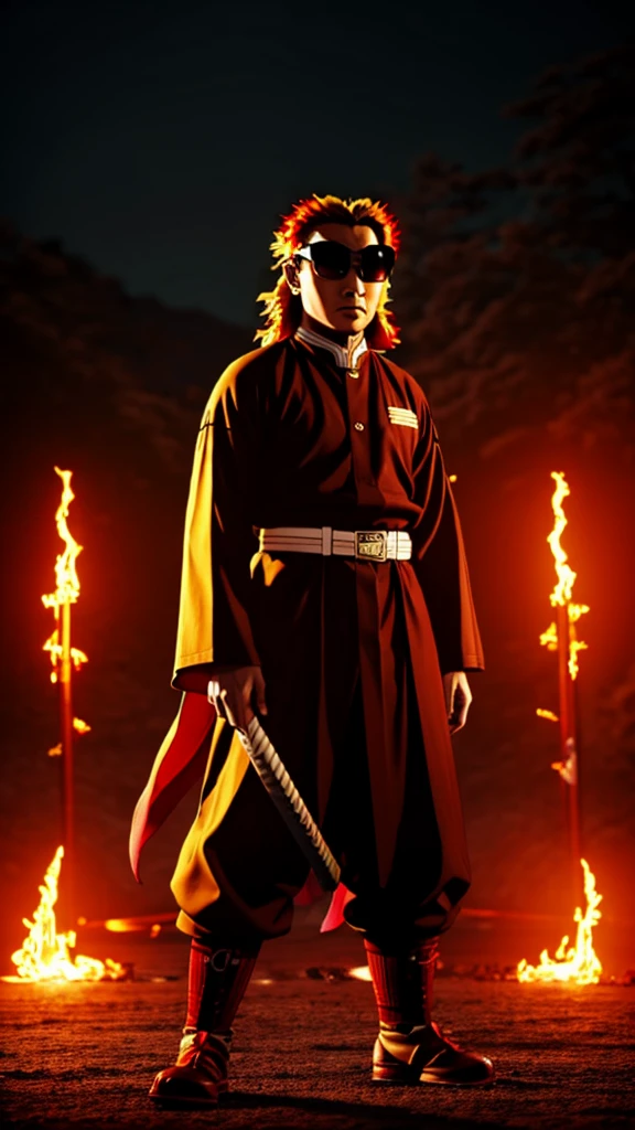 Male, Rengoku clan, wearing pilot goggles and haori with reverse flame design, light stubble on chin, standing at attention, hands in pockets, fully in frame, full body shot, facing viewer, lone figure, sole person, Demon Slayer style