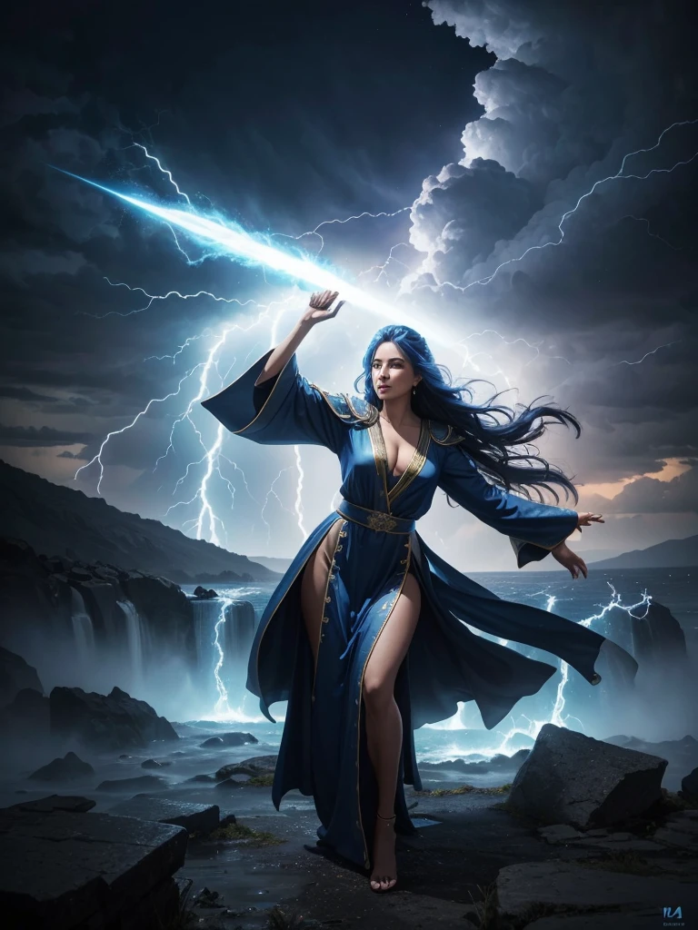 Surrealism, God's Sky, God's Power, God's Realm, clouds, Celestial Fire, powers, ilm, Fire Bolts, rivers of water, Water Falls, forst, Cedars, Highest Power, Photorealistic Nature, Beauthfull, Beauthfull Feminina, female, Decent Woman, Decent Womanmente Vestida, long robes, long robe, long sleeves, Long Robes, elegant woman, Mulher naturals, Respectable Woman, Woman, Long Dress, Woman's Long Dress, divine woman, Blue Thunder, fire azul, Realistic fire azul, realistic thunder, electrical screws, realistic detailed 8k, Realistic 16K detail, hard, Detailed realistic color, Detailed realistic thunder, fire azul Realistic 8K, Cores photorrealistic 8K, 8K detailed colors, Nitidez photorrealistic 8K, ULTRAHD Photorealism, Divine fire azul, Divine Electric Blue Thunder, Sombras photorrealistics 8K, Textura photorrealistic, naturals, heavens, heavenly, sky night, céu de Beauthfull, the night, majestic, majestic Sky, naturalsmente chic, thunders, Sky thunders, Divine thunder, linda, doradas, starlight, Heavenly Bolts, villany azul, Blue Screws, Rendering, photorrealistic, ultra high definition, 4K, detailed textures, thunder, detailed shadows, detailed colors, naturals linda, Great Divine, detailed contrast, realistic contrast, high resolution, detailed colors, realistic detailed 16K, 8k high definition, detailed contrast, realistic contrast, high resolution, detailed colors, fire, villany, realistic detailed, chic, 