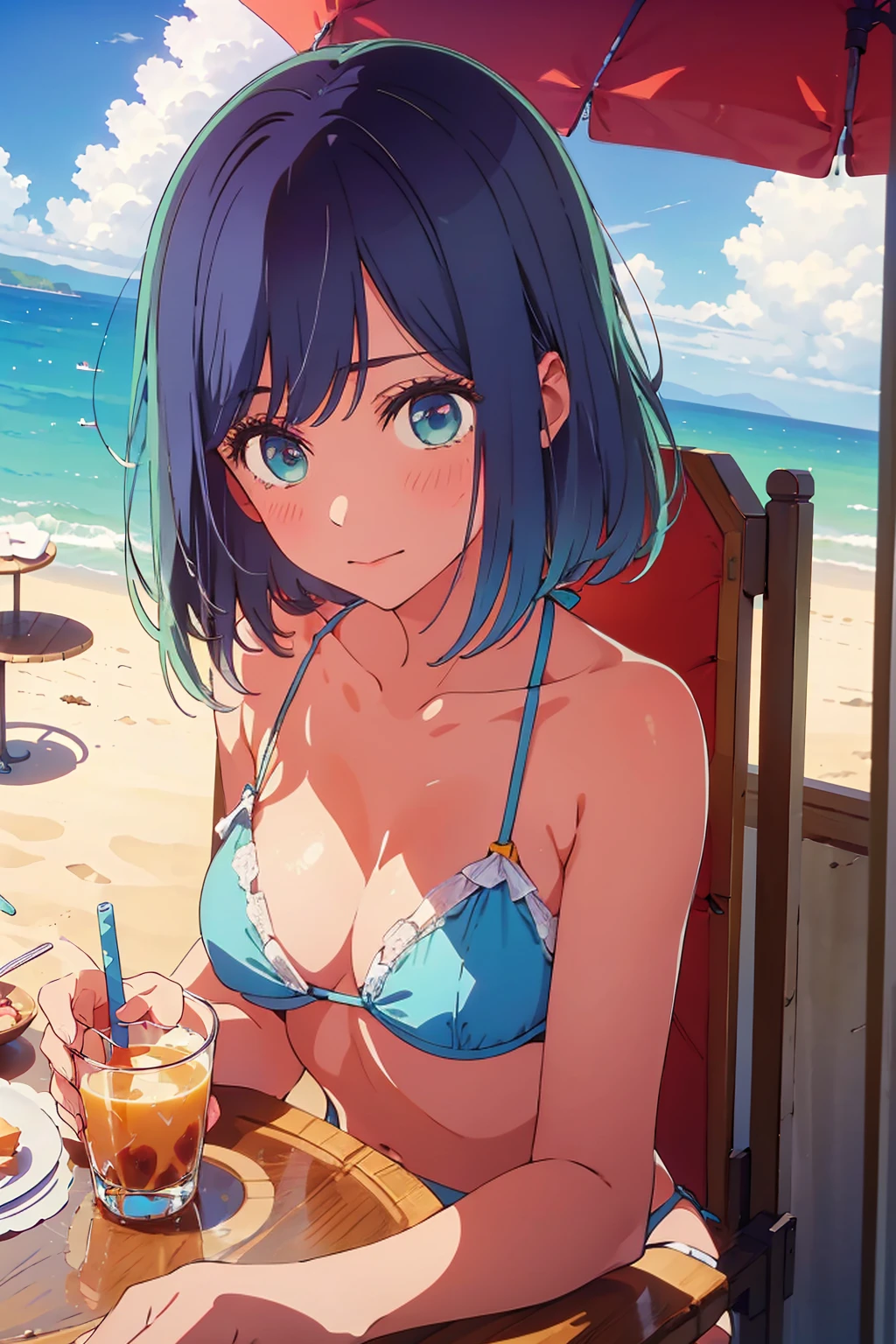 (Highest quality:1.4、masterpiece:1.4、Super detailed:1.4、8K:1.4)、((((1 person、Surprised expression、sit、Outdoor café terrace、coastal、juice、table、Sandy Beach、juiceのグラスを持つ、Plain Bikini、The depth of the written world、Very soft boobs、Big eyes、Very cute face))))、F cup bust、Medium breast