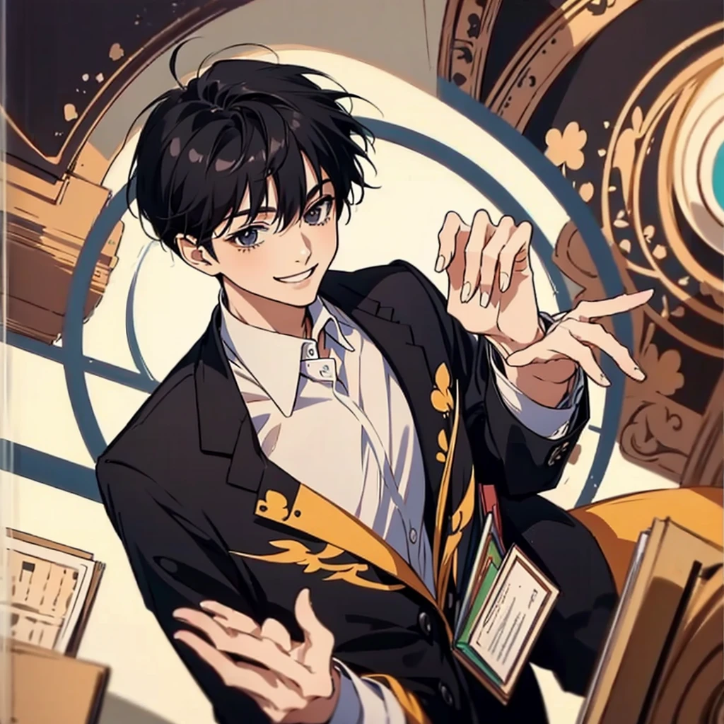 masterpiece , best quality , man , reading , chibi anime man , smile , black hair , suit , solo
