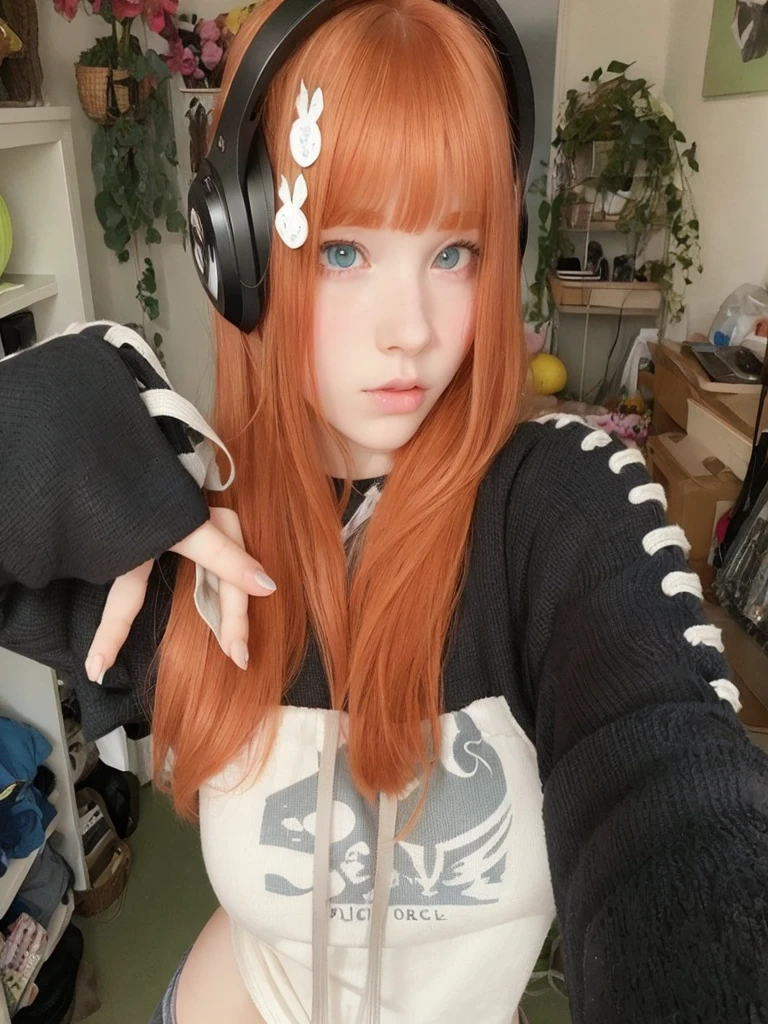 Pale redhead age girl with bangs medium length soft silky hair and light green eyes, potato nose with small pink lips, taking photo looking at the camera