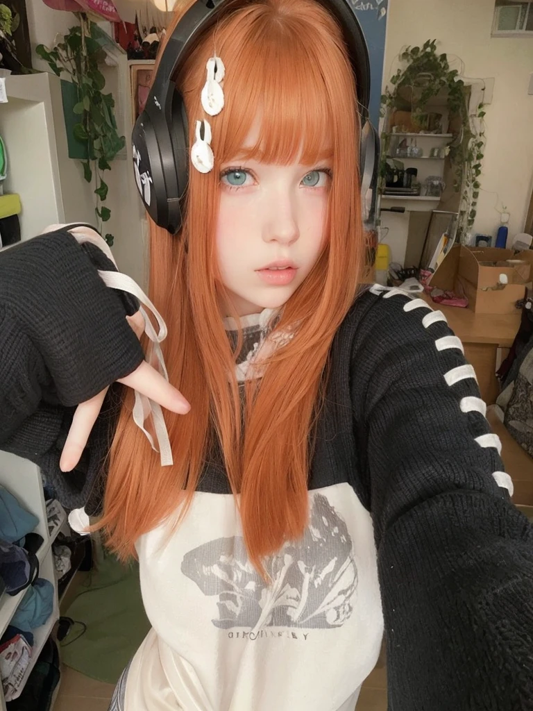 Pale redhead teenage girl with bangs medium length soft silky hair and light green eyes, potato nose with small pink lips, taking photo looking at the camera 
