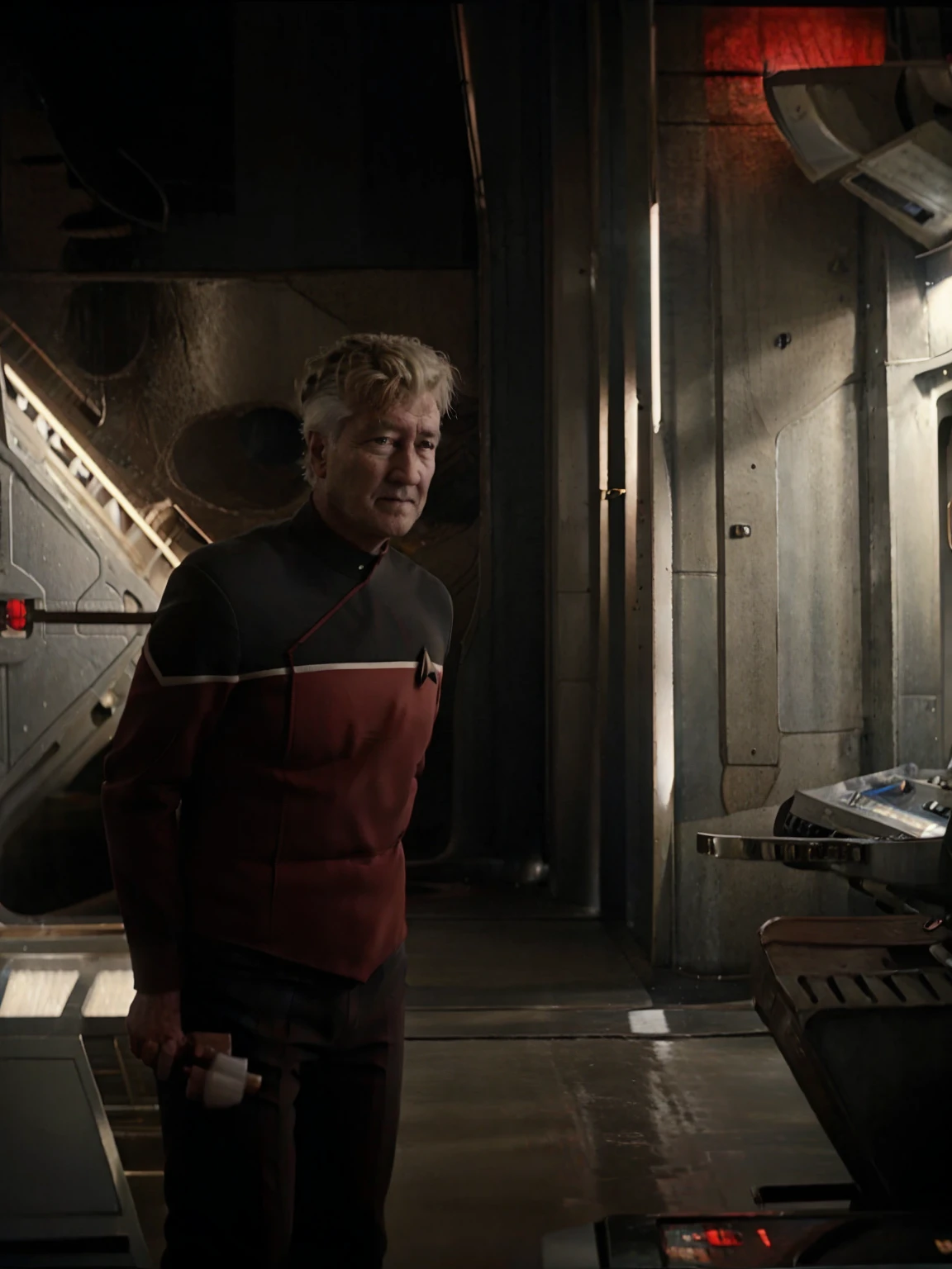 David lynch in red sttldunf uniform,on starship bridge,