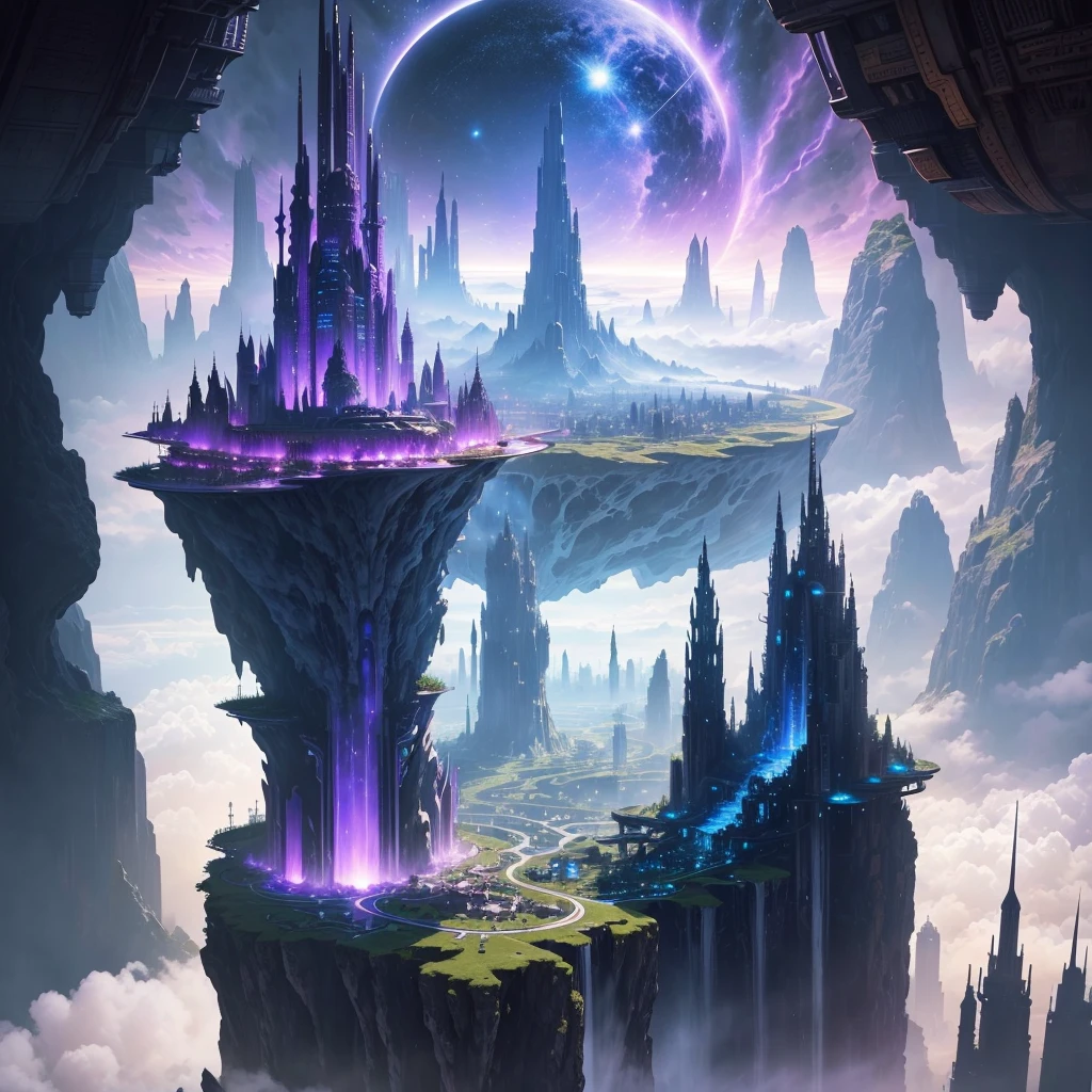 A huge fantastical sci-fi city, aether city, floating aerial metropolis,Skyscrapers、Huge construction,Super huge waterfall,mysterious,Fantasy, towering skyscrapers, massive waterfall, celestial planets in the sky, surrounded by clouds, cosmic architecture, violet energy scars around, central massive castle, astral sky