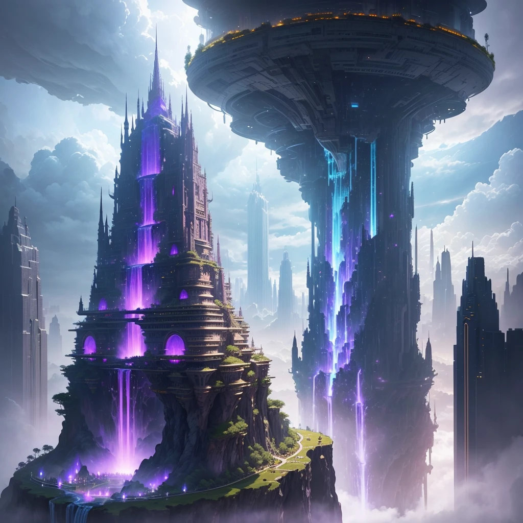 A huge fantastical sci-fi city, aether city, floating aerial metropolis,Skyscrapers、Huge construction，Super huge waterfall，mysterious，Fantasy， towering skyscrapers, massive waterfall, celestial planets in the sky, surrounded by clouds, cosmic architecture, violet energy scars around, central massive castle, astral sky