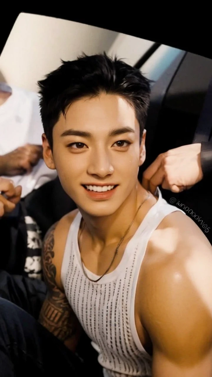 Jk Jungkook bts, man in a white tank top, tattoo on arm, Asian, korean, shorth hair