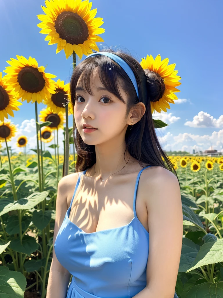 blue sky, Beautiful sky, Daytime view, Blue background, Professional director, Professional Lighting, (Highest quality, 1286k,masterpiece), Very cute small round face, Japanese Idol, Big Breasts, clavicle, White Dress, Ultra HD, (Photorealistic:1.1), RAW Photo, One Girl, Beautiful eyes, Very big breasts and big eyes, Black brown hair, Cute Sunflower Bandana, Are standing, Full body photo