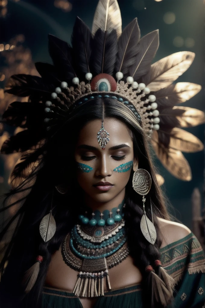 (full portrait), (half shot), solo, detailed background, detailed face, (stonepunkAI, stone theme:1.1), wise, (female), (native american), (beautiful hair, braids:0.2), shaman, septum piercing, mystical, (gorgeous face), stunning, head tilted upwards, (eyes closed, serene expression), calm, meditating, Seafoam Green frayed clothes, prayer beads, tribal jewelry, feathers in hair, headdress:0.33, jade, obsidian, detailed clothing, cleavage, realistic skin texture, (floating particles, water swirling, embers, ritual, whirlwind, wind:1.2), sharp focus, volumetric lighting, good highlights, good shading, subsurface scattering, intricate, highly detailed, ((cinematic)), dramatic, (highest quality, award winning, masterpiece:1.5), (photorealistic:1.5), (intricate symmetrical warpaint:0.5),