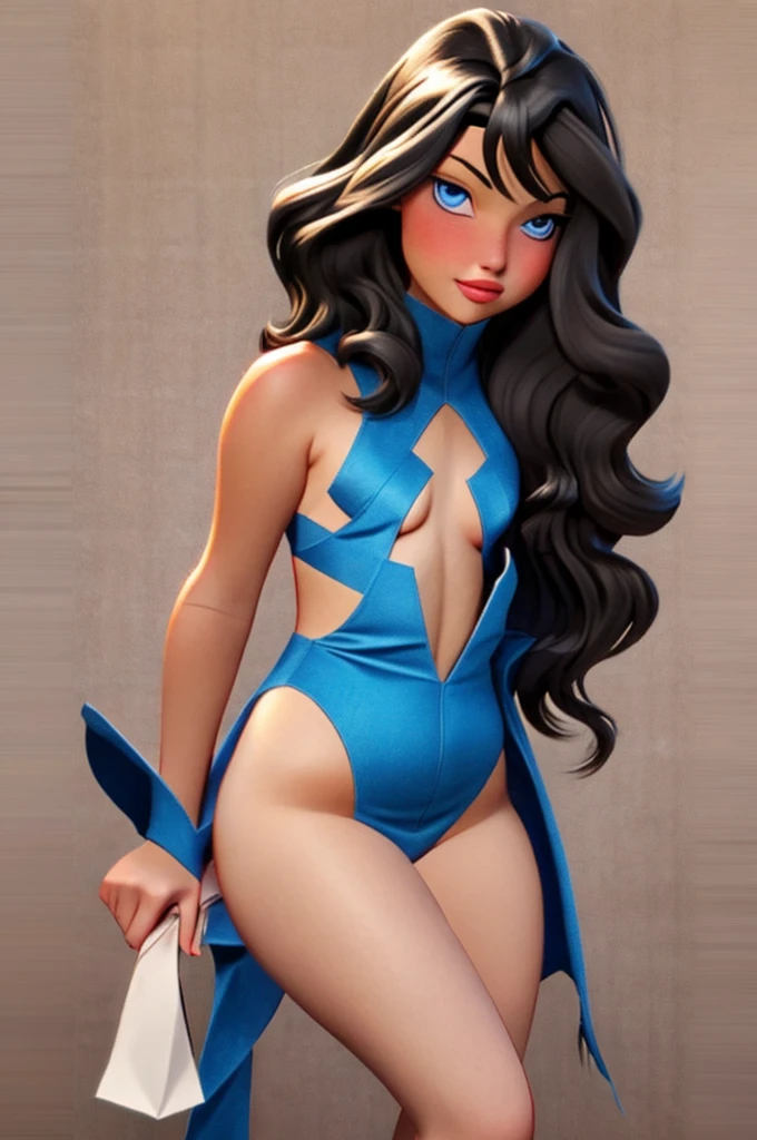 Curvy blue eyed girl with long wavy black hair and small breasts