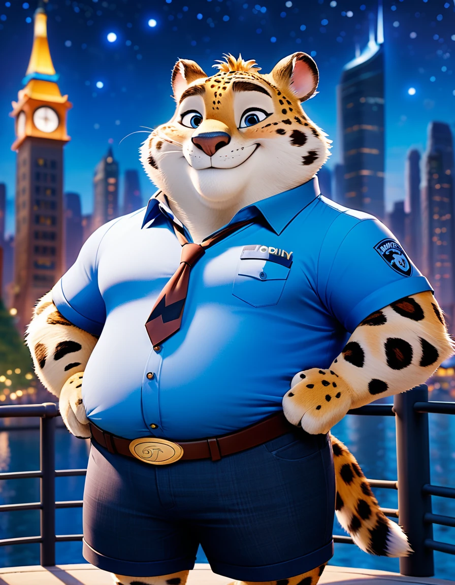 (obese, overweight, anthro, male, (clawhauser character disney zootopia, leopard skin)), blue eyes, (translucent briefs, topless), (detailed eyes, detailed face), standing, smile, Amazing starscape above a beautiful cityscape by the lake